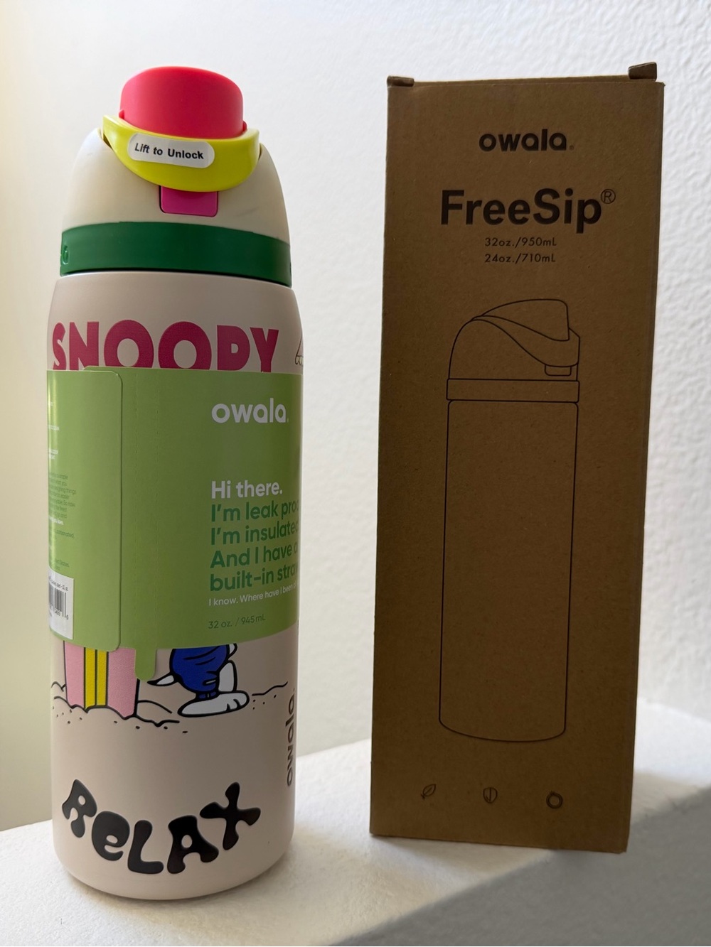 Kids FreeSip Insulated Water Bottle – Pink & Green Snoopy Design